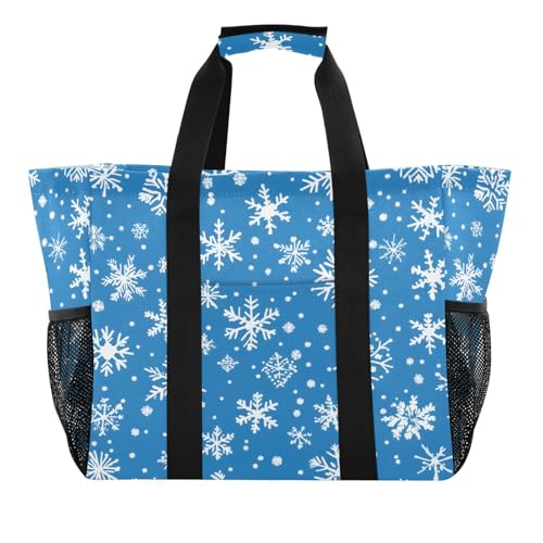 Quteprint Große wasserdichte Reisetasche für Damen und Herren, Weihnachten, blau-weiße Schneeflocken, Segeltuch, Strandtasche mit Futter und Taschen, wiederverwendbare Einkaufstasche für Lebensmittel von Quteprint