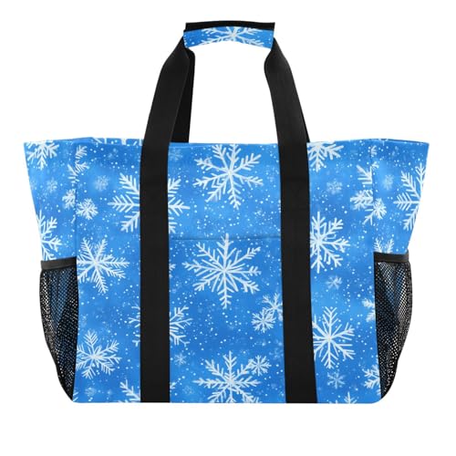 Quteprint Große wasserdichte Reisetasche für Damen und Herren, Weihnachten, blau-weißes Schneeflocken-Muster, Segeltuch, Strandtasche mit Futter und Taschen, wiederverwendbare Einkaufstasche für von Quteprint