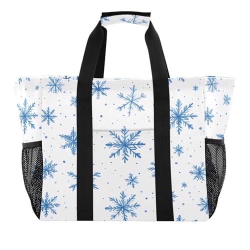 Quteprint Große wasserdichte Reisetasche für Damen und Herren, Weihnachten, blaue Schneeflocken, Segeltuch, Strandtasche mit Futter und Taschen, wiederverwendbare Einkaufstasche für Lebensmittel von Quteprint
