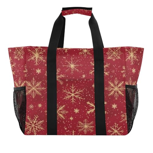 Quteprint Große wasserdichte Reisetasche für Damen und Herren, Weihnachten, rot/goldfarben, Schneeflocken, Segeltuch, Strandtasche mit Futter und Taschen, wiederverwendbare Einkaufstasche für von Quteprint