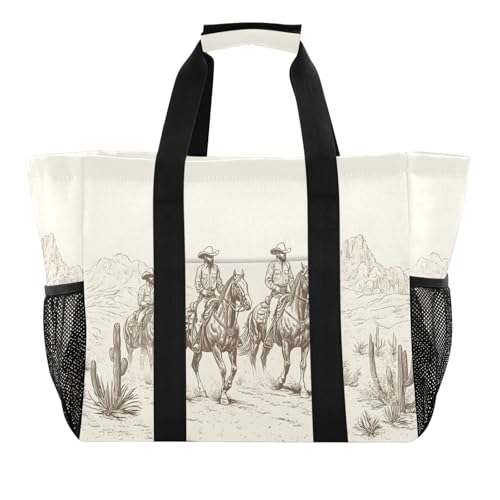 Quteprint Große wasserdichte Reisetasche für Damen und Herren, Westernpferd, Kaktus, Segeltuch, Strandtasche mit Futter und Taschen, wiederverwendbare Einkaufstasche für Lebensmittel, Wäsche, Küche von Quteprint