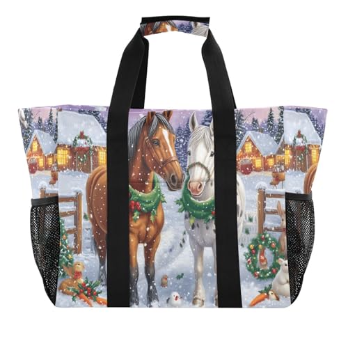 Quteprint Große wasserdichte Reisetasche für Damen und Herren, Winter, Weihnachten, Pferd, Kaninchen, Segeltuch, Strandtasche mit Futter und Taschen, wiederverwendbare Einkaufstasche für Lebensmittel von Quteprint