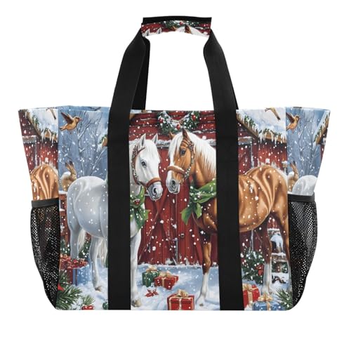 Quteprint Große wasserdichte Reisetasche für Damen und Herren, Winter, Weihnachten, Pferde, Vögel, Segeltuch, Strandtasche mit Futter und Taschen, wiederverwendbare Einkaufstasche für Lebensmittel von Quteprint