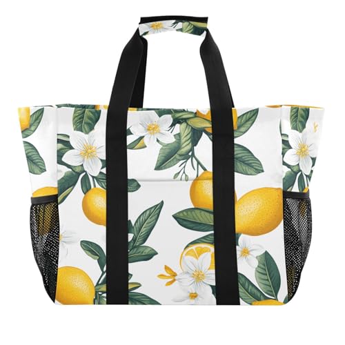 Quteprint Große wasserdichte Reisetasche für Damen und Herren, Zitronenblütenblätter, Segeltuch, Strandtasche mit Futter und Taschen, wiederverwendbare Einkaufstasche für Lebensmittel, Wäsche, Küche von Quteprint