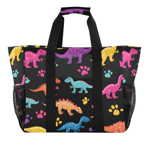 Quteprint Große wasserdichte Reisetasche für Damen und Herren, bunte Dinosaurier, Pfotenabdruck, Segeltuch, Strandtasche mit Futter und Taschen, wiederverwendbare Einkaufstasche für Lebensmittel von Quteprint