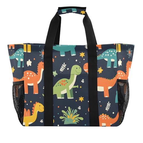 Quteprint Große wasserdichte Reisetasche für Damen und Herren, bunte Dinosaurier-Dino-Strandtasche mit Futter und Taschen, wiederverwendbare Einkaufstasche für Lebensmittel, Wäsche, Küche, Pool von Quteprint