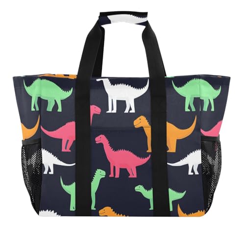 Quteprint Große wasserdichte Reisetasche für Damen und Herren, buntes Dinosaurier-Tiermuster, Segeltuch, Strandtasche mit Futter und Taschen, wiederverwendbare Einkaufstasche für Lebensmittel, Wäsche von Quteprint