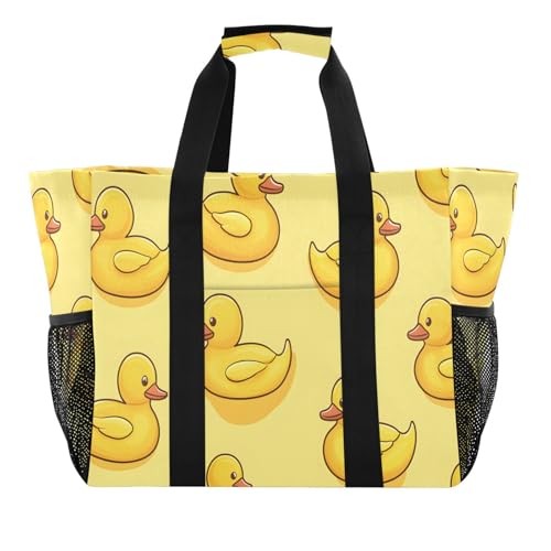 Quteprint Große wasserdichte Reisetasche für Damen und Herren, gelbes Entenmuster, Segeltuch, Strandtasche mit Futter und Taschen, wiederverwendbare Einkaufstasche für Lebensmittel, Wäsche, Küche von Quteprint