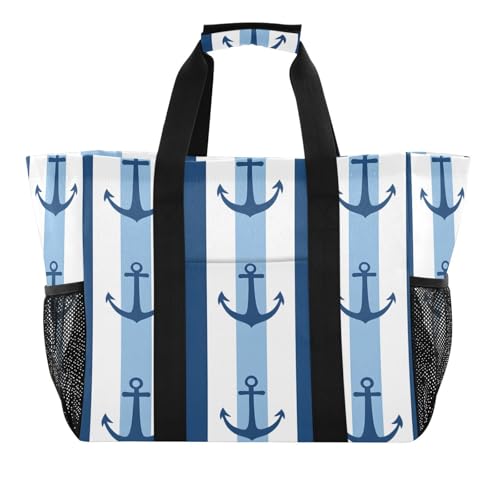 Quteprint Große wasserdichte Reisetasche für Damen und Herren, marineblau, gestreift, Segeltuch, Strandtasche mit Futter und Taschen, wiederverwendbare Einkaufstasche für Lebensmittel, Wäsche, Küche von Quteprint