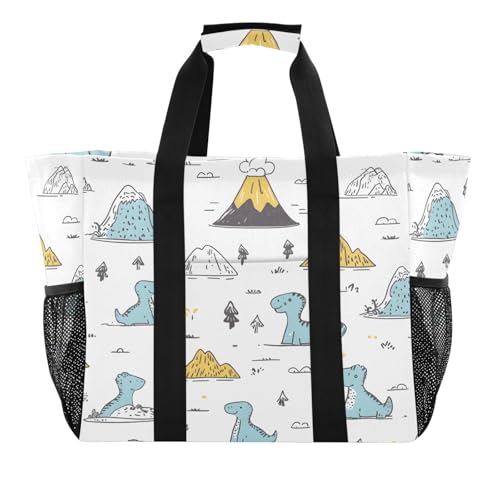 Quteprint Große wasserdichte Reisetasche für Damen und Herren, niedliche Cartoon-Dinosaurier, Segeltuch, Strandtasche mit Futter und Taschen, wiederverwendbare Einkaufstasche für Lebensmittel, Wäsche von Quteprint