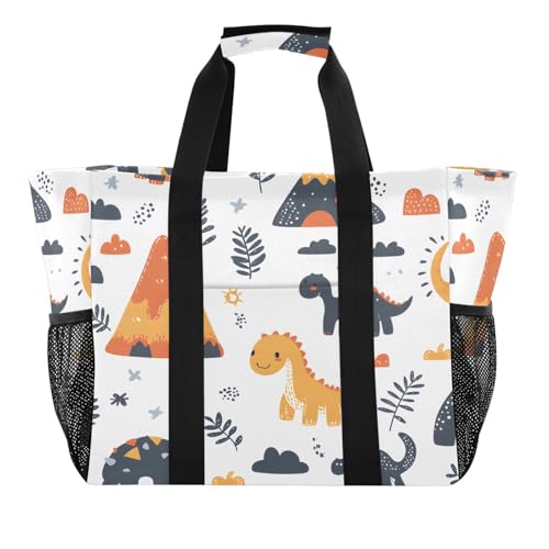 Quteprint Große wasserdichte Reisetasche für Damen und Herren, niedliche Dinosaurier, Vulkane, Segeltuch, Strandtasche mit Futter und Taschen, wiederverwendbare Einkaufstasche für Lebensmittel/Wäsche von Quteprint