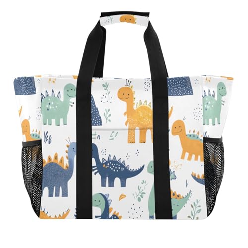 Quteprint Große wasserdichte Reisetasche für Damen und Herren, niedliche Dinosaurier, verspielte Dino-Strandtasche mit Futter und Taschen, wiederverwendbare Einkaufstasche für Lebensmittel, Wäsche von Quteprint