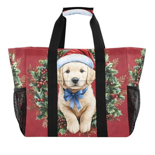 Quteprint Große wasserdichte Reisetasche für Damen und Herren, niedlicher Hund, Welpen, Weihnachten, Segeltuch, Strandtasche mit Futter und Taschen, wiederverwendbare Einkaufstasche für Lebensmittel von Quteprint