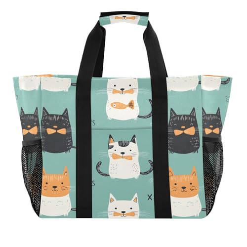 Quteprint Große wasserdichte Reisetasche für Damen und Herren, niedliches Katzenmuster, Segeltuch, Strandtasche mit Futter und Taschen, wiederverwendbare Einkaufstasche für Lebensmittel, Wäsche, Küche von Quteprint