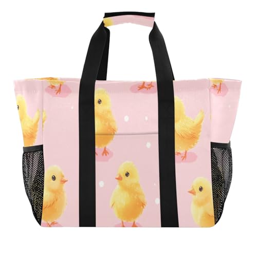 Quteprint Große wasserdichte Reisetasche für Damen und Herren, niedliches Kükenmuster, Segeltuch, Strandtasche mit Futter und Taschen, wiederverwendbare Einkaufstasche für Lebensmittel, Wäsche, Küche von Quteprint