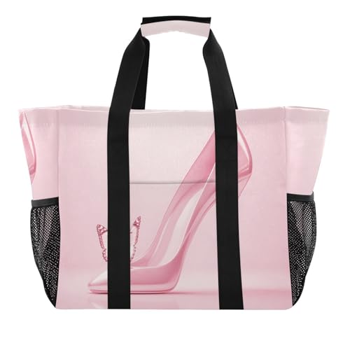 Quteprint Große wasserdichte Reisetasche für Damen und Herren, rosa High Heels Schmetterling Canvas Strandtasche mit Futter und Taschen – wiederverwendbare Einkaufstasche für Lebensmittel/Wäsche/Küche von Quteprint