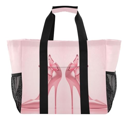 Quteprint Große wasserdichte Reisetasche für Damen und Herren, rosa High Heels Schuhe Schmetterling Segeltuch Strandtasche mit Futter und Taschen – wiederverwendbare Einkaufstasche für Lebensmittel Quteprint Große wasserdichte Reisetasche für Damen und Herren, rosa High Heels Schuhe Schmetterling Segeltuch Strandtasche mit Futter und Taschen – wiederverwendbare Einkaufstasche für Lebensmittel von Quteprint