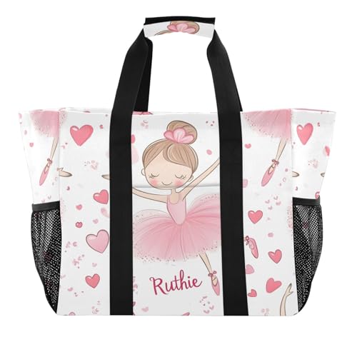 Quteprint Große wasserdichte Reisetasche für Damen und Herren, süßes Ballerina-/Ballett-Herz, Segeltuch, Strandtasche mit Futter und Taschen, wiederverwendbare Einkaufstasche für Lebensmittel/Wäsche von Quteprint