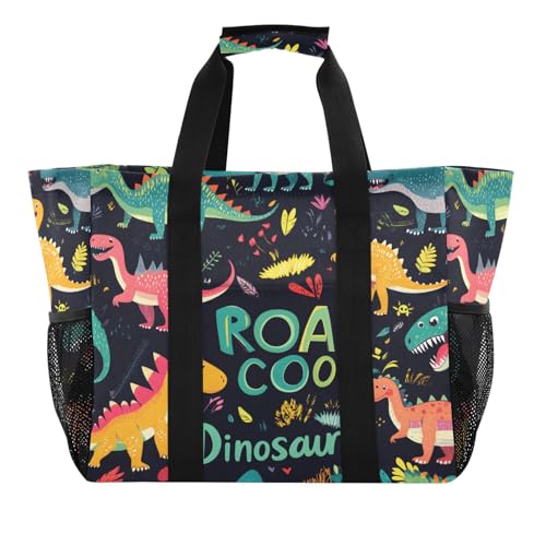 Quteprint Große wasserdichte Reisetasche für Damen und Herren, verschiedene coole Dinosaurier, Segeltuch, Strandtasche mit Futter und Taschen, wiederverwendbare Einkaufstasche für Lebensmittel, Wäsche von Quteprint