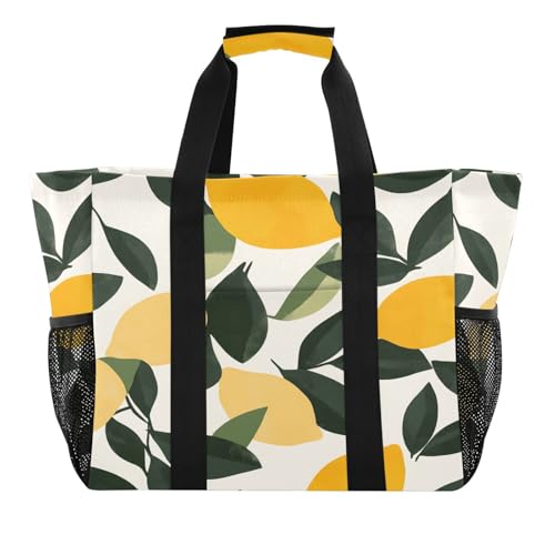 Quteprint Große wasserdichte Reisetasche für Damen und Herren, zitronengrüne Blätter, Segeltuch, Strandtasche mit Futter und Taschen, wiederverwendbare Einkaufstasche für Lebensmittel, Wäsche, Küche von Quteprint
