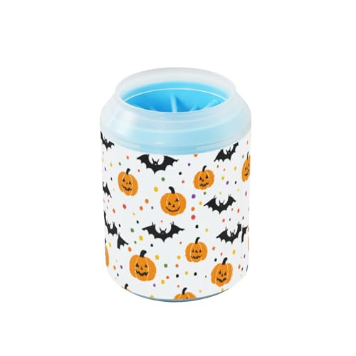 Quteprint Halloween-Kürbisse, Fledermäuse, Punkte, Hundepfoten-Reiniger-Becher – Haustier-Fußwascher mit weicher Silikonbürste, tragbarer schlammiger Pfotenreiniger für kleine, mittelgroße und große von Quteprint