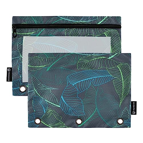 Quteprint Hawaiianische Palmenblätter Federmäppchen für 3-Ringbinder, 2 Stück Reißverschluss Federmäppchen mit transparentem Fenster, Bleistiftbeutel, Ordnertaschen, Organizer-Tasche für Büro, von Quteprint