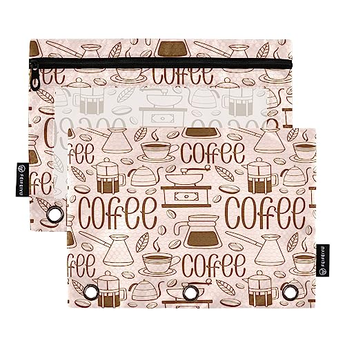 Quteprint Kaffee-Utensilien, Kaffeebohnen, Federmäppchen für 3-Ringbinder, 2 Stück Reißverschluss-Federmäppchen mit transparentem Fenster, Federmäppchen, Ordnertaschen, Organizer-Tasche für Büro, von Quteprint