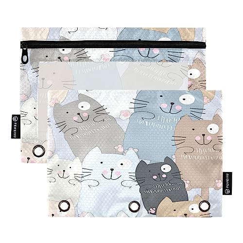 Quteprint Kawaii Cat Animal Print Pencil Pouch for 3 Ring Binder, 2 Pack Zipper Pencil Case with Clear Window, Pencil Bags Binder Pockets Organizer Case for Office Home Makeup Supplies von Quteprint