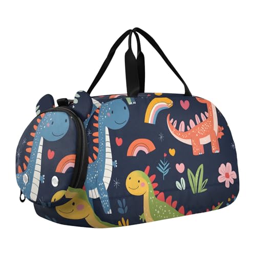 Quteprint Kinder-Sporttasche für Jungen und Mädchen, Cartoon-Dinosaurier, 100 % Polyester, mit separatem Schuhfach, verstellbarem Schultergurt, kompakte Reise- und Workout-Ausrüstungstasche von Quteprint