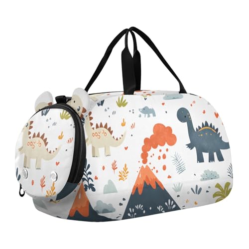 Quteprint Kinder-Sporttasche für Jungen und Mädchen, Cartoon-Dinosaurier, Vulkanbaum, 100 % Polyester, Turnbeutel mit separatem Schuhfach, verstellbarem Schultergurt, kompakte Reise- und von Quteprint