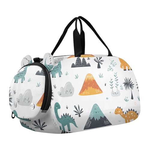 Quteprint Kinder-Sporttasche für Jungen und Mädchen, Cartoon-Dinosaurier-Dino-Palmen, 100 % Polyester, Turnbeutel mit separatem Schuhfach, verstellbarem Schultergurt, kompakte Reise- und von Quteprint