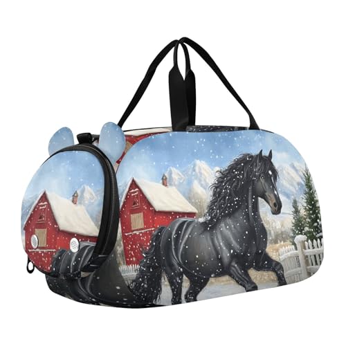 Quteprint Kinder-Sporttasche für Jungen und Mädchen – Pferd, Winter, Weihnachten, Schnee, 100 % Polyester, Turnbeutel mit separatem Schuhfach, verstellbarem Schultergurt, kompakte Reise- und von Quteprint