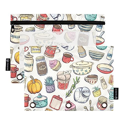 Quteprint Kochen Küche Werkzeuge Töpfe Bleistift Tasche für 3 Ringbinder, 2 Pack Reißverschluss Federmäppchen mit klarem Fenster, Bleistifttaschen Binder Taschen Organizer Fall für Büro Zuhause von Quteprint