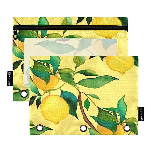 Quteprint Lemon Tree Leaves Art Pencil Pouch for 3 Ring Binder, 2 Pack Zipper Pencil Case with Clear Window, Pencil Bags Binder Pockets Organizer Case for Office Home Makeup Supplies von Quteprint