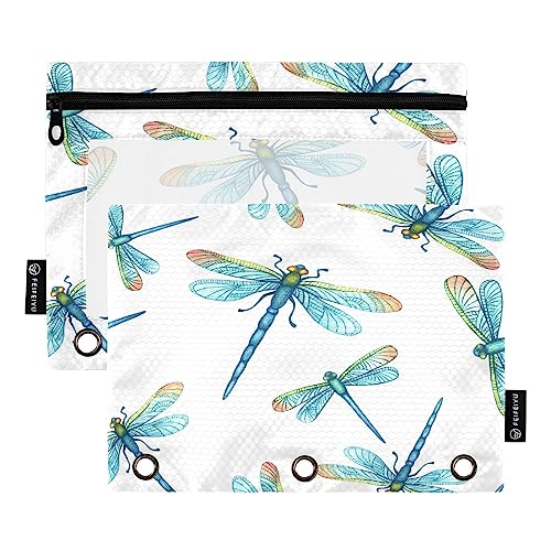 Quteprint Libelle Sommer-Federmäppchen für 3-Ringbinder, 2 Stück Reißverschluss-Federmäppchen mit transparentem Fenster, Federmäppchen, Ordnertaschen, Organizer-Tasche für Büro, Zuhause, von Quteprint