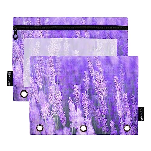 Quteprint Lila Lavendel Blumen Federmäppchen für 3 Ringordner, 2 Stück Reißverschluss Federmäppchen mit klarem Fenster, Bleistiftbeutel, Ordnertaschen, Organizer Fall für Büro, Zuhause, von Quteprint