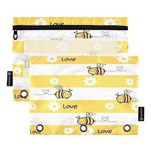 Quteprint Love Bees Federmäppchen mit Blumenmuster, gestreift, für 3 Ringbücher, 2 Stück, Reißverschluss, Federmäppchen mit transparentem Fenster, Federmäppchen, Ordnertaschen, Organizer-Tasche für von Quteprint