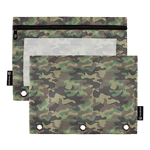 Quteprint Militärische Camouflage-Bleistiftbeutel für 3-Ringordner, 2 Stück Reißverschluss-Federmäppchen mit transparentem Fenster, Federmäppchen, Ordnertaschen, Organizer-Etui für Büro, Zuhause, von Quteprint