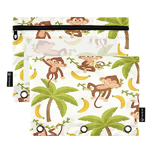 Quteprint Monkey Banana Palm Tree Pencil Pouch for 3 Ring Binder, 2 Pack Zipper Pencil Case with Clear Window, Pencil Bags Binder Pockets Organizer Case for Office Home Makeup Supplies von Quteprint