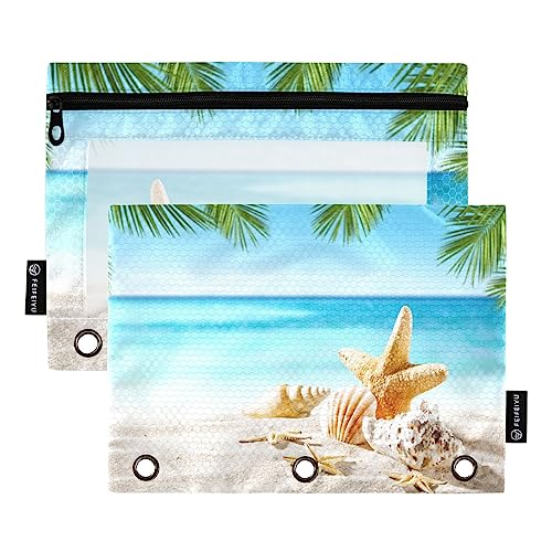 Quteprint Muschel-Seestern Sommer Strand Federmäppchen für 3-Ringbinder, 2 Stück Reißverschluss Federmäppchen mit transparentem Fenster, Bleistiftbeutel, Ordnertaschen, Organizer-Tasche für Büro, von Quteprint