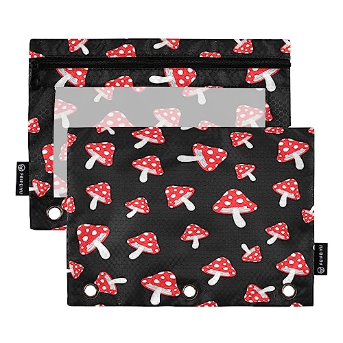 Quteprint Niedliche Pilze Polka Dot Federmäppchen für 3-Ringbinder, 2 Stück Reißverschluss Federmäppchen mit transparentem Fenster, Bleistiftbeutel, Ordnertaschen, Organizer für Büro, Zuhause, von Quteprint