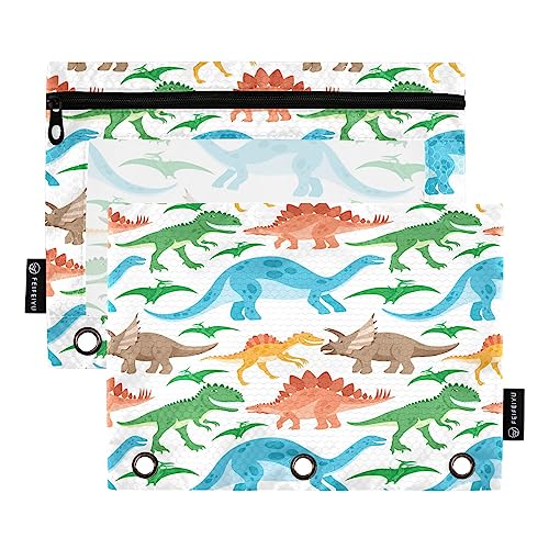 Quteprint Niedliches Dinosaurier-Dinosaurier-Muster, Federmäppchen für 3-Ringbinder, 2 Stück Reißverschluss-Federmäppchen mit transparentem Fenster, Federmäppchen, Ordnertaschen, Organizer-Tasche für von Quteprint