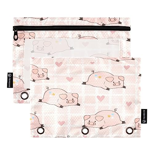 Quteprint Niedliches Schwein Love Plaid Federmäppchen für 3-Ringordner, 2 Stück Reißverschluss Federmäppchen mit transparentem Fenster, Bleistiftbeutel, Ordnertaschen, Organizer-Tasche für Büro, von Quteprint