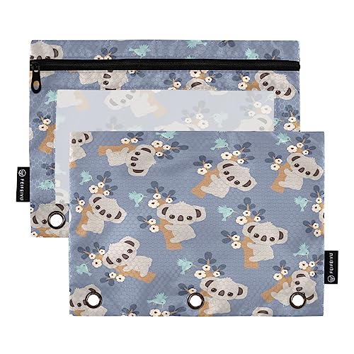 Quteprint Niedliches Tier-Koala-Blumen-Federmäppchen für 3-Ringordner, 2 Stück Reißverschluss-Federmäppchen mit transparentem Fenster, Federmäppchen, Ordnertaschen, Organizer-Tasche für Büro, Zuhause, von Quteprint