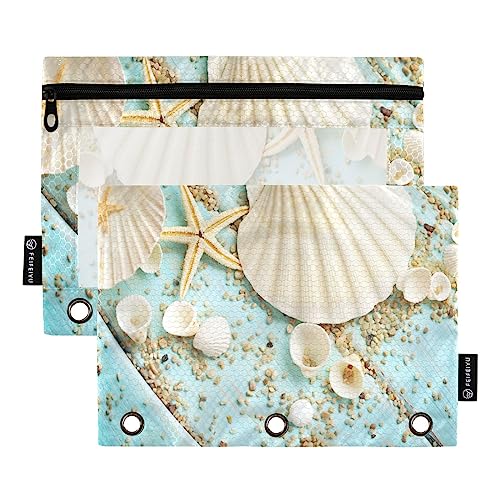 Quteprint Ocean Beach Sea Shell Seestern Federmäppchen für 3-Ringbinder, 2 Stück Reißverschluss Federmäppchen mit transparentem Fenster, Bleistiftbeutel, Ordnertaschen, Organizer-Tasche für Büro, von Quteprint