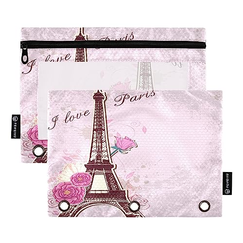 Quteprint Paris Eiffelturm Rose Blumen Federmäppchen für 3 Ringordner, 2 Stück Reißverschluss Federmäppchen mit transparentem Fenster, Bleistiftbeutel, Ordnertaschen, Organizer-Tasche für Büro, von Quteprint