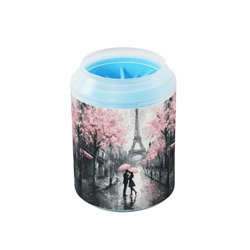 Quteprint Paris Handtuch Kirschblüte Blume Hund Pfotenreiniger Tasse – Haustier-Fußreiniger mit weicher Silikonbürste, tragbarer schlammiger Pfotenreiniger für kleine, mittelgroße und große Rassen von Quteprint