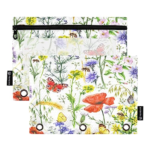 Quteprint Poppy Bees Butterfly Plants Pencil Pouch for 3 Ring Binder, 2 Pack Zipper Pencil Case with Clear Window, Pencil Bags Binder Pockets Organizer Case for Office Home Makeup Supplies von Quteprint