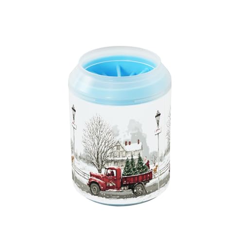 Quteprint Red Truck Christmas Santa Trees Dog Paw Cleaner Cup - Pet Foot Washer with Soft Silicone Brush, Portable Muddy Paw Cleaner for Small, Medium, Large Breed Dogs & Cats (6.5x6.5x11.5cm) von Quteprint