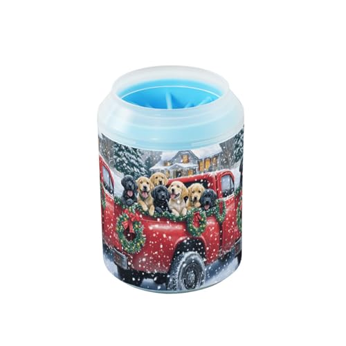 Quteprint Red Truck Dog Christmas Tree Dog Paw Cleaner Cup - Pet Foot Washer with Soft Silicone Brush, Portable Muddy Paw Cleaner for Small, Medium, Large Breed Dogs & Cats (6.5x6.5x11.5cm) von Quteprint
